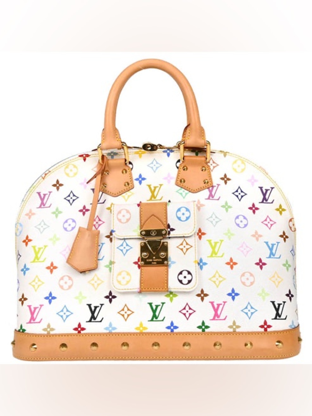 Louis Vuitton White Multicolor Monogram Alma Handbag with Tan Trim
